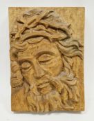 Oak plaque carved in relief with head of Jesus Christ, crowned with thorns, signed PO, 35cm x 25cm