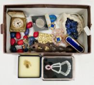 Mixed lot of costume jewellery and other items including a rose quartz bead necklace, an enamel