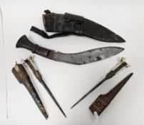 Two Afghan Choora/Pesh-Kabz, bone handled engraved and enamelled with flowers, with leather