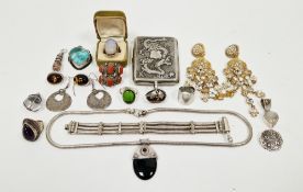 Mixed lot of silver jewellery including amber set ring and earrings, amethyst set ring, black onyx