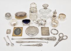 Assorted silver items, Victorian and later, including napkin rings, condiments, matchbox holder, a