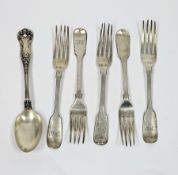Matched set of five Georgian and Victorian silver table forks, London hallmarks ranging from 1830 to