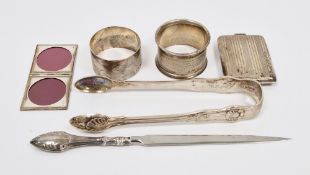 Collection of six silver items including silver match case, Birmingham 1925, Victorian set of silver