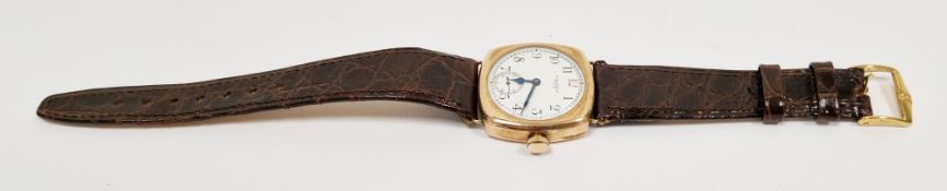 George V 9ct gold cased gents Waltham USA wristwatch, square cased, circular enamel dial with arabic