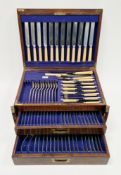 George V silver canteen of cutlery, in an oak canteen with two drawers and hinged lid, hallmarked