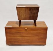 Mid-century teak sewing workbox, the hinged lid opening to a lift-out tray, on square tapering