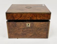 Late 19th century burr walnut fitted vanity box with mirror mounted inside lid, eight silver plate