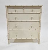 Modern white painted wooden chest of two short and three long graduated drawers with faux-bamboo
