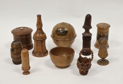 Collection of treen including a Victorian mauchlineware Ripon Cathedral tobacco box and cover, a
