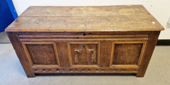 18th century oak coffer, the hinged two-panel top with thumb-moulded front edge, opening to an empty