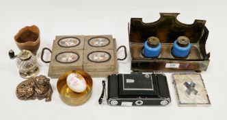 19th century mother-of-pearl mounted card case, a silver plated cut glass salt grinder, a 19th