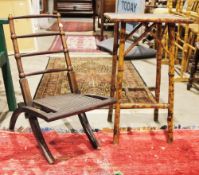 Victorian bamboo and pine square side table, 66cm high x 39cm wide and a Victorian ladderback