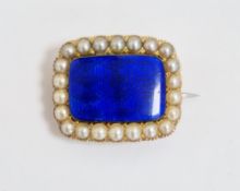19th century yellow metal rectangular curved brooch set with a blue guilloche enamel panel