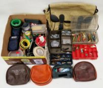 Collection of fishing equipment and accessories including boxes containing Devon minnows, other