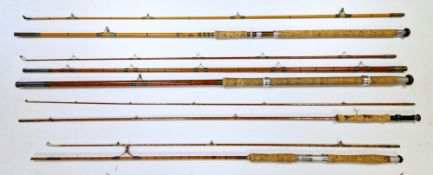 Four fishing rods including Allcocks ' The Billy Lane ' motch 3 piece rod in Allcocks cloth rod bag,