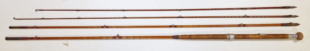 Hardy Bros Ltd three piece split cane fly rod with spare tip, possibly ' Gold medal ' in a Hardy