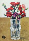 20th century Oil on board Still life, red carnations in a vase, signed with initials lower left QRS,