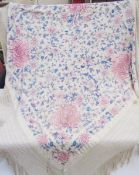 Chinese embroidered silk shawl with allover scrolling floral decoration in pinks, mauve and blue