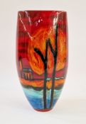 Anita Harris vase with multi-coloured decoration of landscape with church, signed to base, 27.5cm
