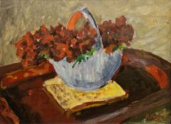 Paul Lucien Maze (French 1887-1979) Oil on board 'Red Flowers in Blue Vase', signed lower right,