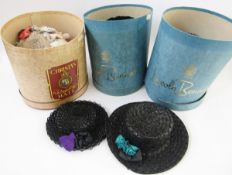 Edna Wallis floral adorned hat, Mitzi black and red hat, 1950's black straw bonnet with bow, feather