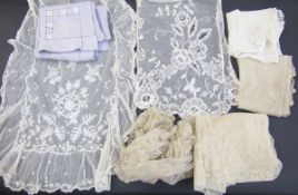 Various lace and net scarves, lace net shawl collar, lace collar with lappets, and linen pyjama case