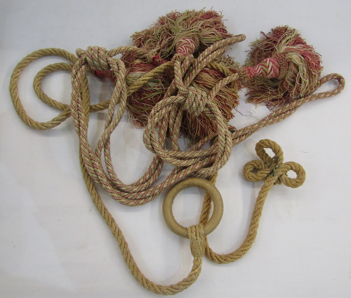 One box of curtain ties and tassels, in sizes, including burgundy damask silk tie-backs, an early - Image 2 of 3