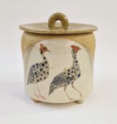 Jill Fanshawe Kato (b. 1943) a stoneware lidded pot with guinea fowl decoration and coloured panels,