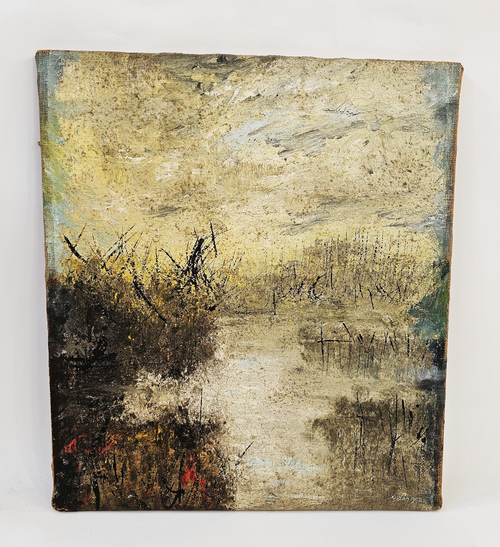Michael John Bolan (1939-1995) Mixed media on hessian 'River lake summer' titled to verso, signed