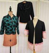 A mid century black net embroidered over turquoise wool jacket, a 1920's style linen jacket with