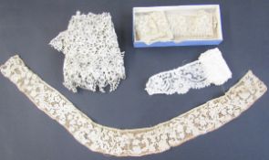 Two lengths of needlepoint lace, possibly Venetian, stylised floral design made into curved collar