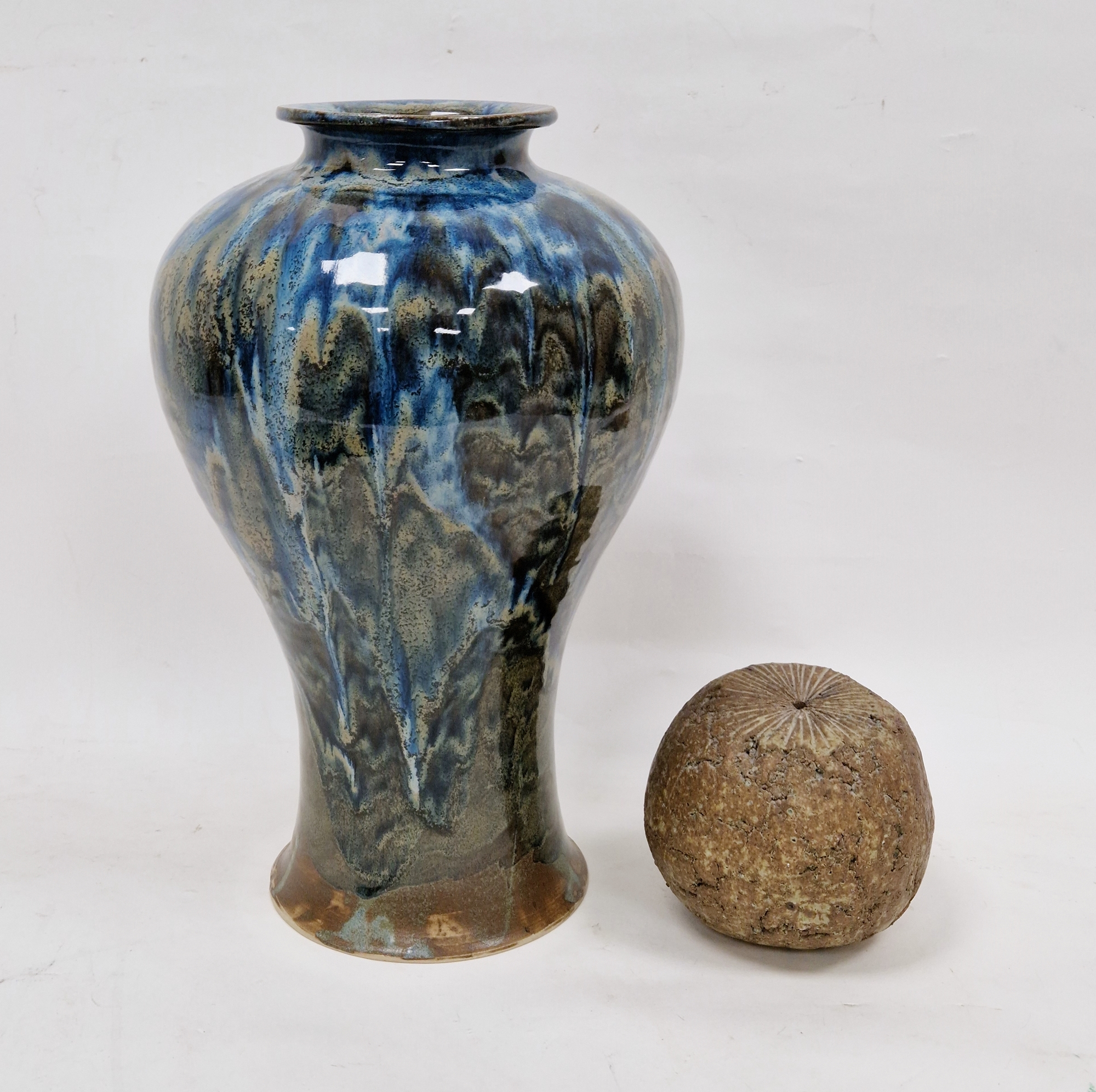 Richard and Elizabeth Mayhew - Studio pottery vase of inverted baluster form with mottled blue and - Image 3 of 4