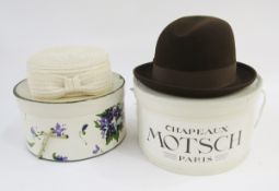 Vintage French ‘Motsch Fils of Paris' brown trilby type hat, inside rim 20cm wide, contained in a