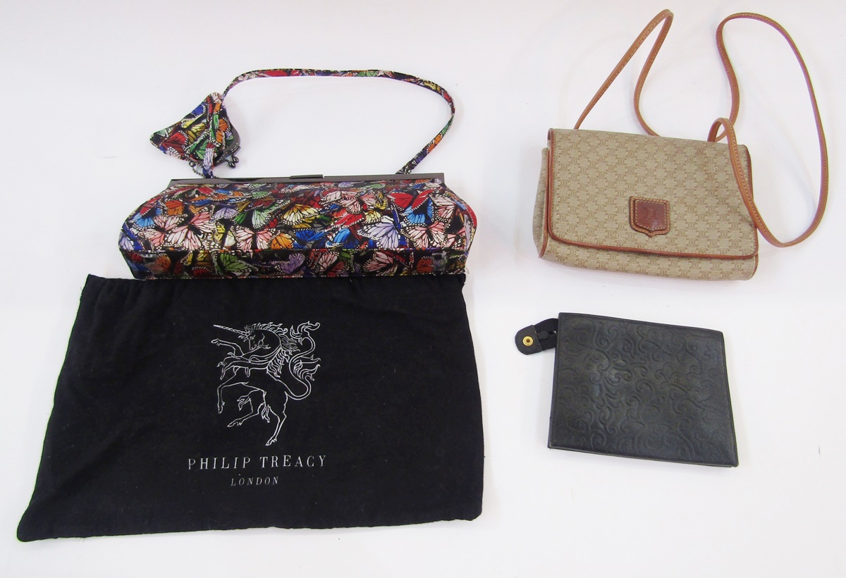 Celine 'Macadam' shoulder bag in tan and beige with leather handle printed canvas body, the bag 20.