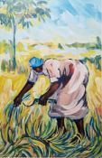 B. Mngu Oil/paint on paper Study of a woman cutting in the fields, signed B Mngu lower right, 37cm x