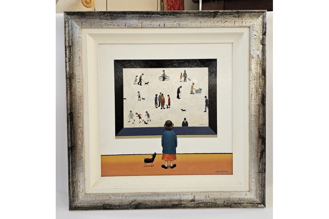 Chris Chapman (Contemporary) Oil on board Woman and dog looking at a L S Lowryish (Lowry) - Image 2 of 3
