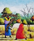 Peter Kwangware (1974) Acrylic on paper Two woman carrying sticks, signed lower right, 18.5cm x 15.
