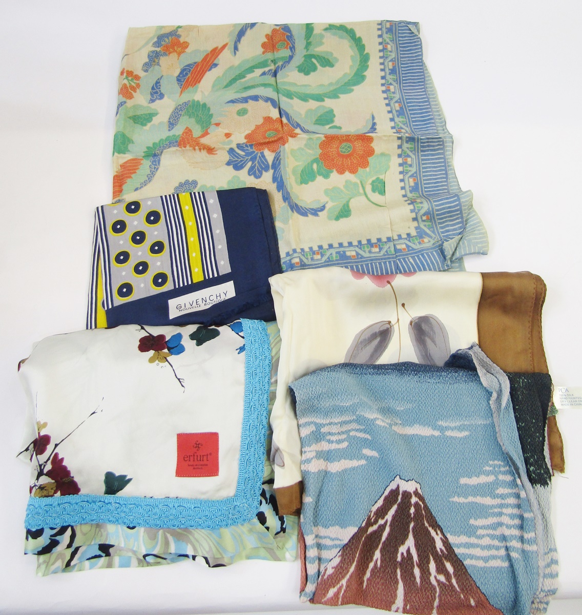 Quantity silk and other scarves to include Givenchy, 1930's Erfurt (1 box)
