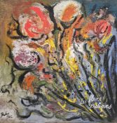 Michael John Bolan (1939-1995) Mixed media on hessian Still life flowers in a vase titled 'Les