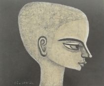 Shuzo Ikeda Japanese limited edition woodcut, Egyptian head 'No. 586, 3/100, 64', 30cm x 34.5cm