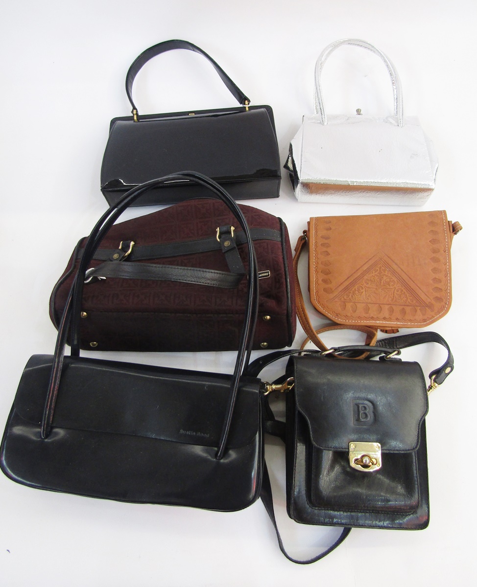 Two boxes of vintage and later handbags, pair Roberto Vianni diamante black peep toe shoes and belts - Image 2 of 4