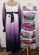 Jean Varon purple and cream maxi dress (stained), satin ribbon detail to the empire waist, a small