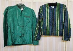 Bruce Oldfield green satin jacket, mandarin-collar, gold thread detail, shirt pocket, satin buttons,