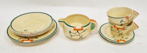 Art Deco Clarice Cliff Ravel pattern part tea service, 1930s, printed black Newport Pottery marks,