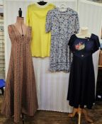 Various 1970's maxi dresses to include a sleeveless shift, lurex in dark red, black and gold, a