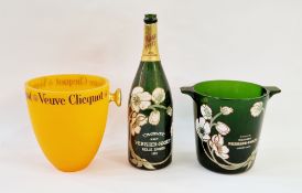 A Perrier-Jouet green glass ice bucket and champagne bottle, together with a Veuve Clicquot orange