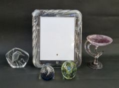 A Mats Jonasson clear glass paperweight with kingfisher decoration, signed to base, 12.5cm high, a