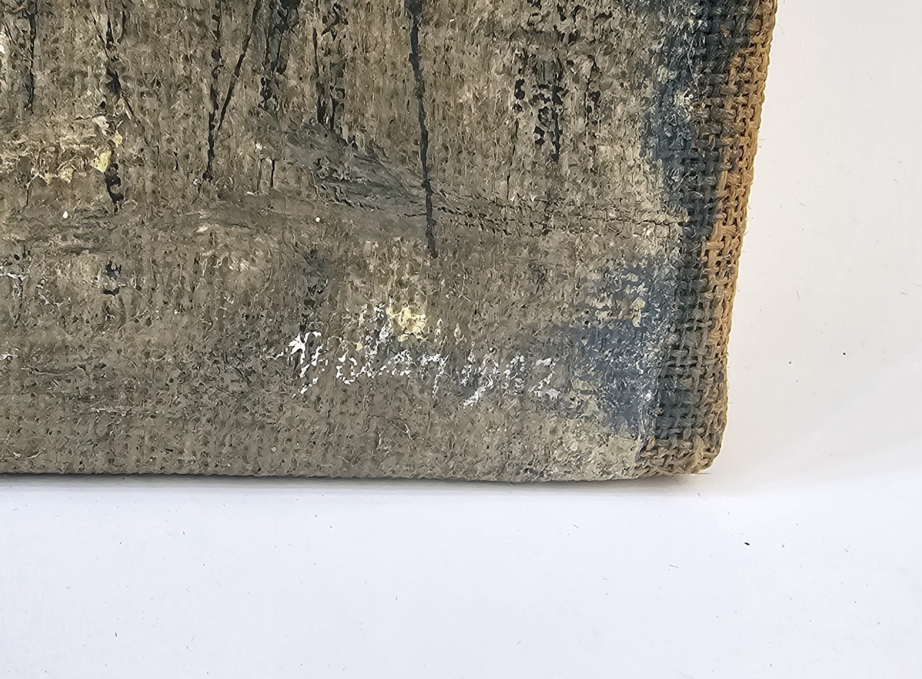 Michael John Bolan (1939-1995) Mixed media on hessian 'River lake summer' titled to verso, signed - Image 2 of 6