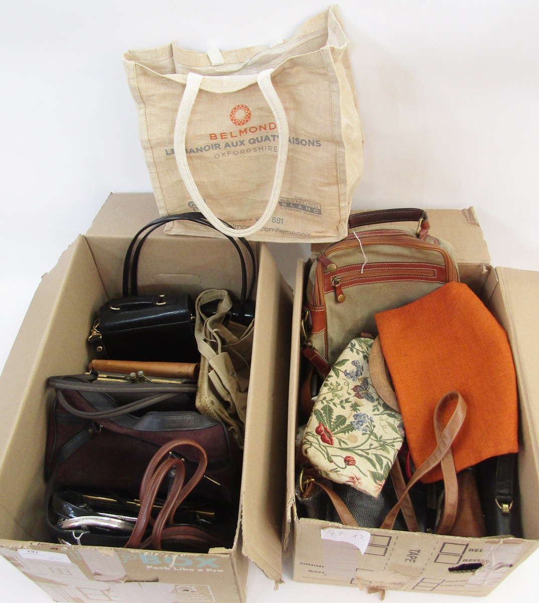 Two boxes of vintage and later handbags, pair Roberto Vianni diamante black peep toe shoes and belts