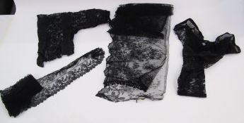 Black lace lappet, black lace and ribbon panel and matching pair sleeves, black net beaded scarf,